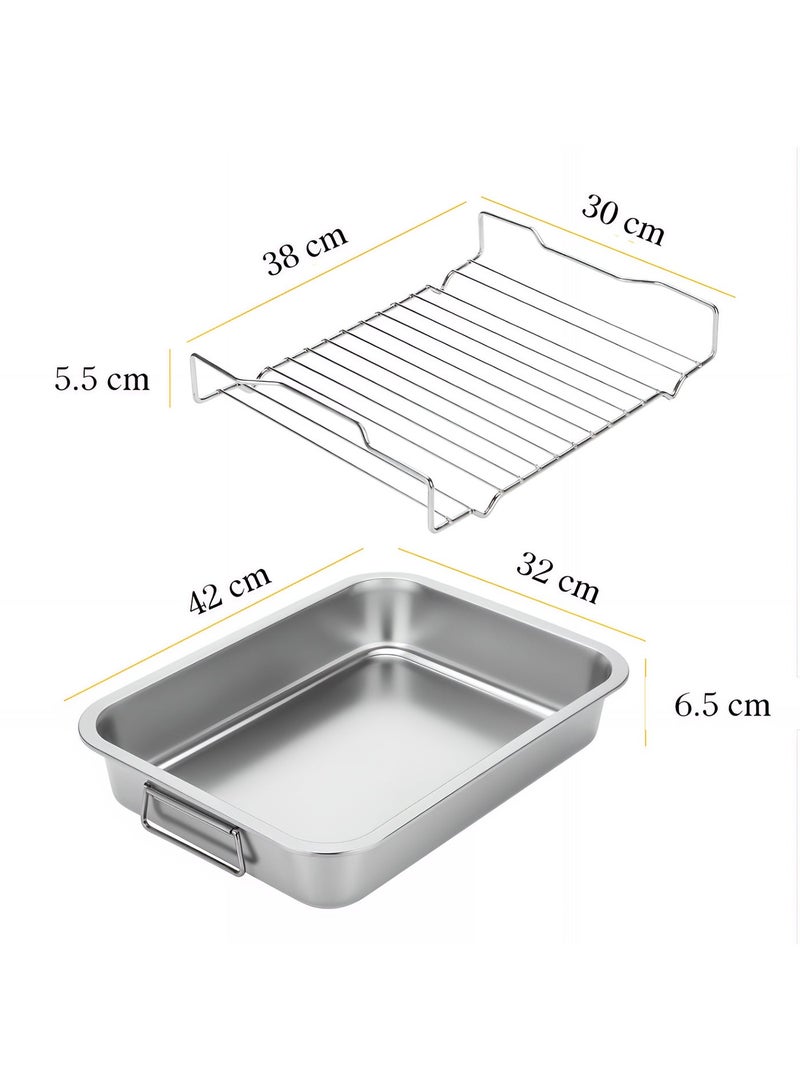 ValueHut Stainless Steel Roasting Pan with Rack – Rectangular Oven Baking Tray for Fish & Chicken, Durable Roaster Pan 42×32×6.5cm - Image 2